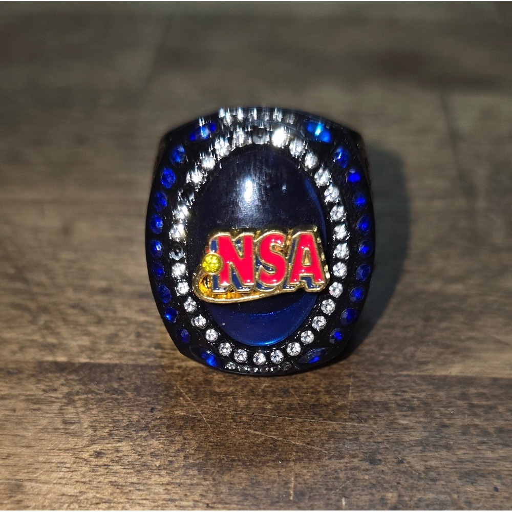 NSA National Softball Association Champions Ring Black Blue Crystals Size 10.5